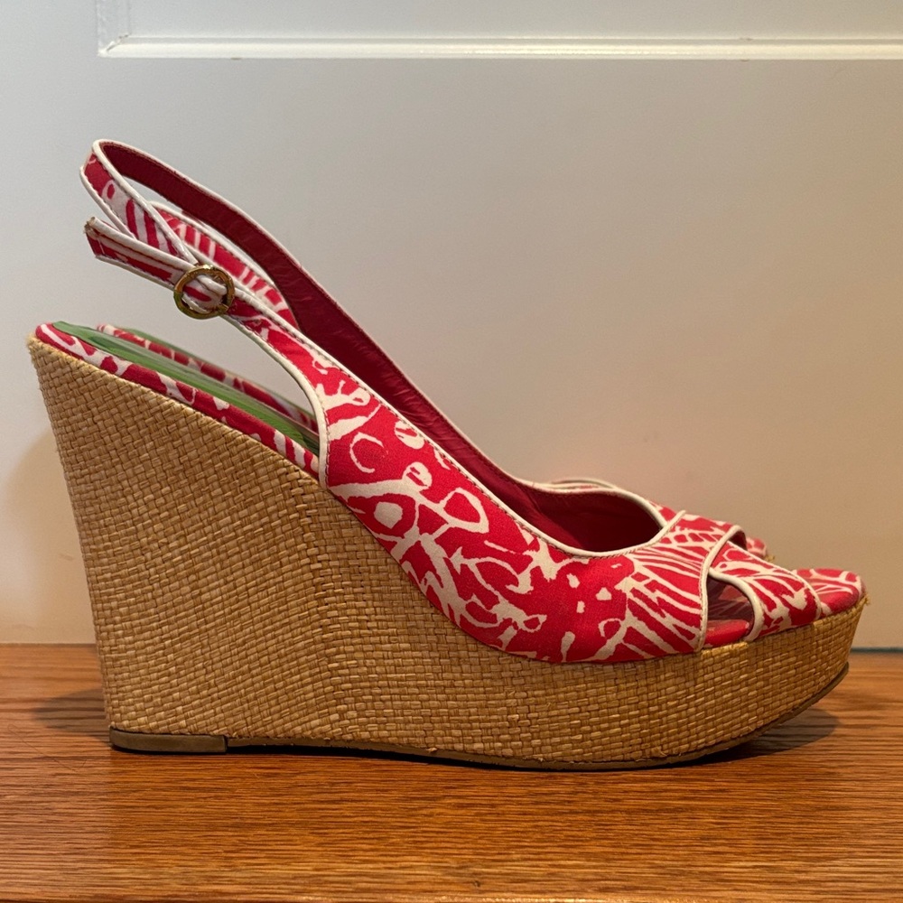 Lilly Pulitzer peep toe platform wedge slingback heels with gold tone buckles